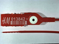 Goedgekeurde kunststofverzegeling met bedrijfslogo H&M + barcode