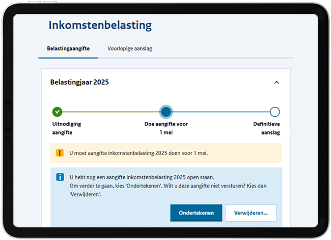 Uitleg ontvangst aangifte inkomstenbelasting, boven afbeelding toegelicht.
