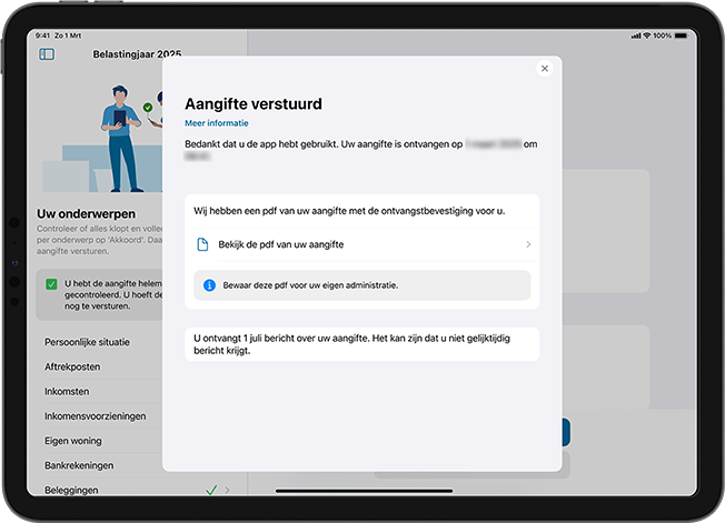 Uitleg ontvangst aangifte inkomstenbelasting, boven afbeelding toegelicht.