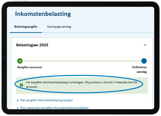 Uitleg ontvangst aangifte inkomstenbelasting, boven afbeelding toegelicht.