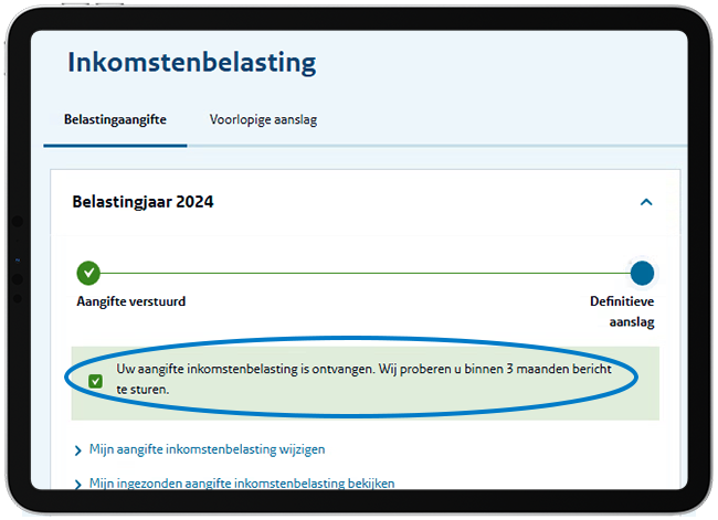 Uitleg nakijken of uw aangifte binnen is, boven afbeelding toegelicht.