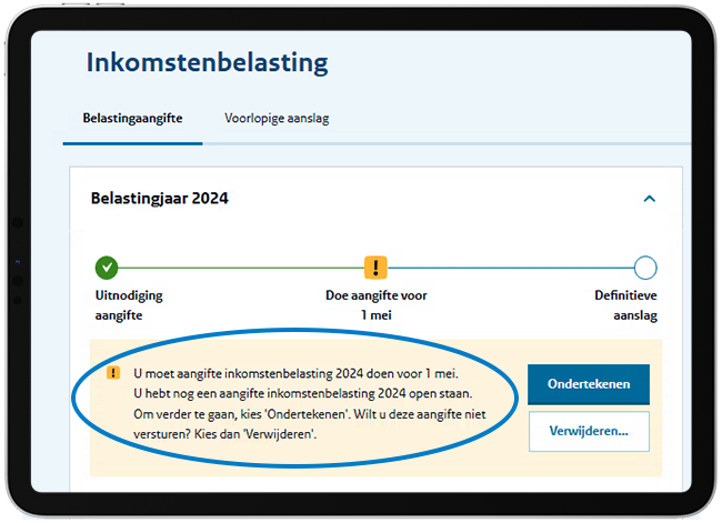 Uitleg nakijken of uw aangifte binnen is, boven afbeelding toegelicht.