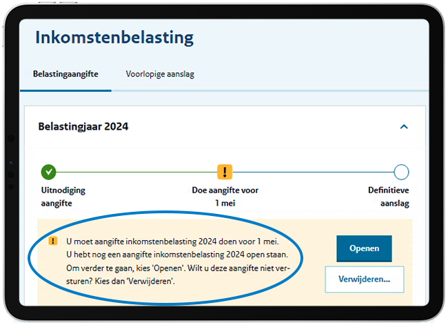 Uitleg nakijken of uw aangifte binnen is, boven afbeelding toegelicht.