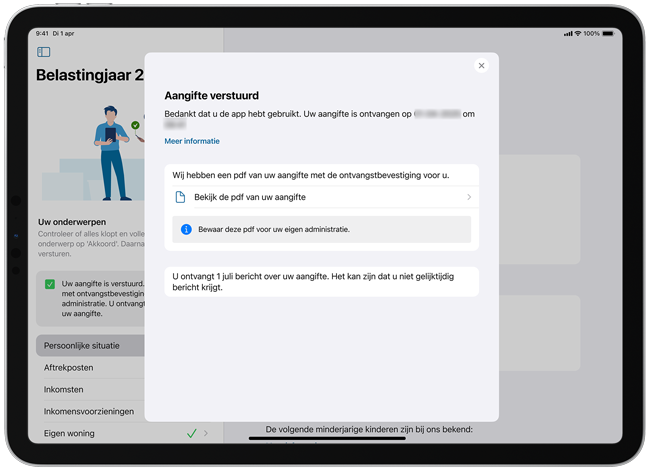 Uitleg nakijken of uw aangifte binnen is, boven afbeelding toegelicht.