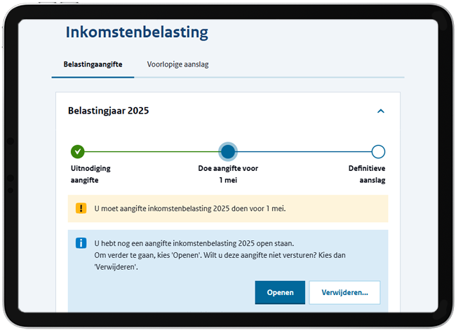 Uitleg ontvangst aangifte inkomstenbelasting, boven afbeelding toegelicht.