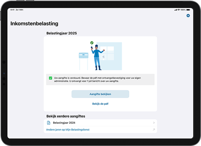 Uitleg ontvangst aangifte inkomstenbelasting, boven afbeelding toegelicht.