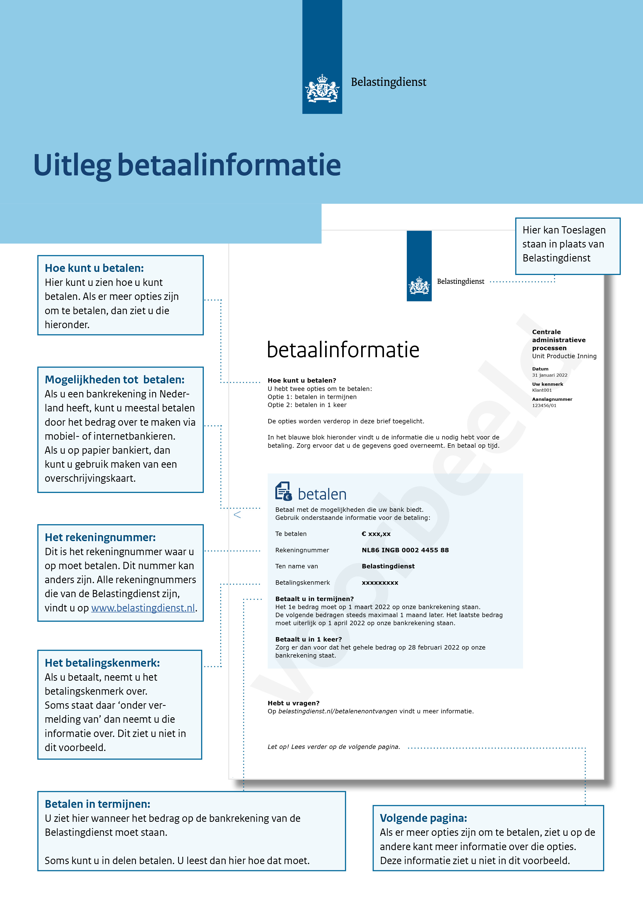 Voorbeeld betaalinformatie met uitleg, zoals hierboven toegelicht