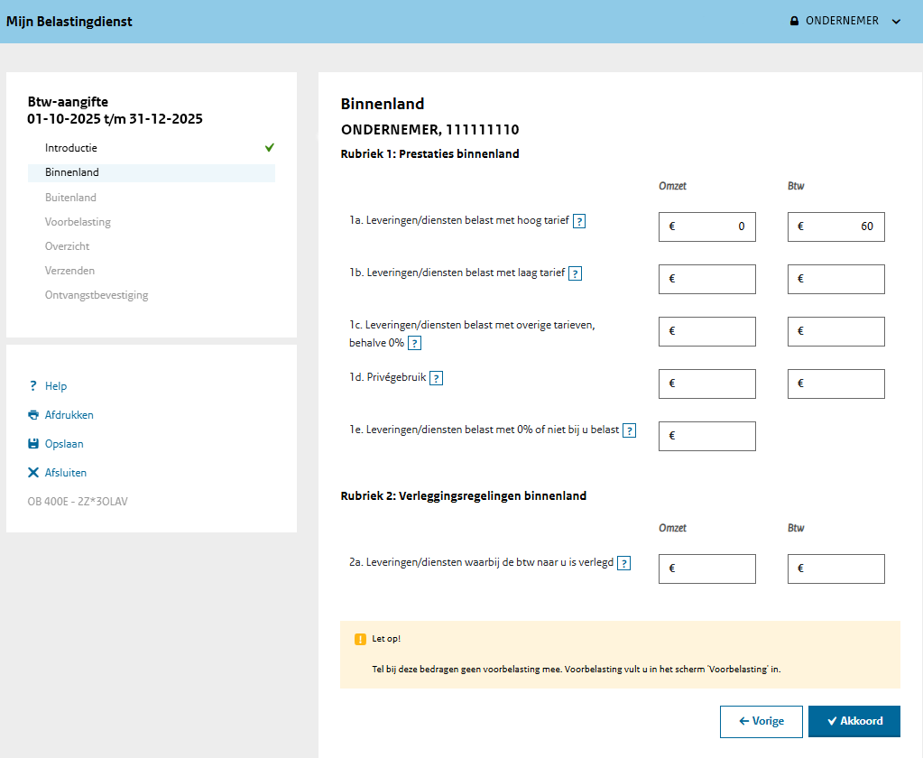 Schermafbeelding Binnenlandse Btw-aangifte Mijn Belastingdienst Zakelijk