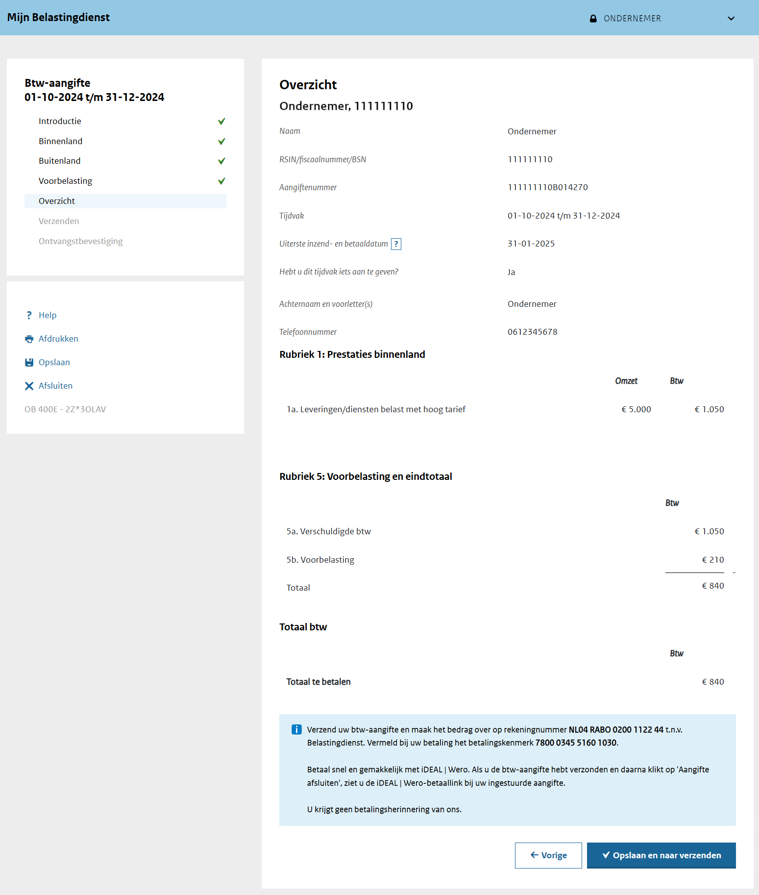 Scherm 'Overzicht'. Overzicht van de ingevulde btw-aangifte.