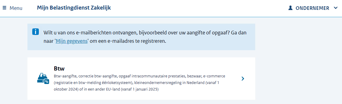 Hoofdscherm met optie om naar categorie 'btw' te gaan.
