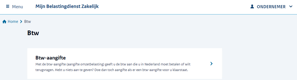 'Btw' scherm waar doorgeklikt kan worden naar de btw-aangifte.