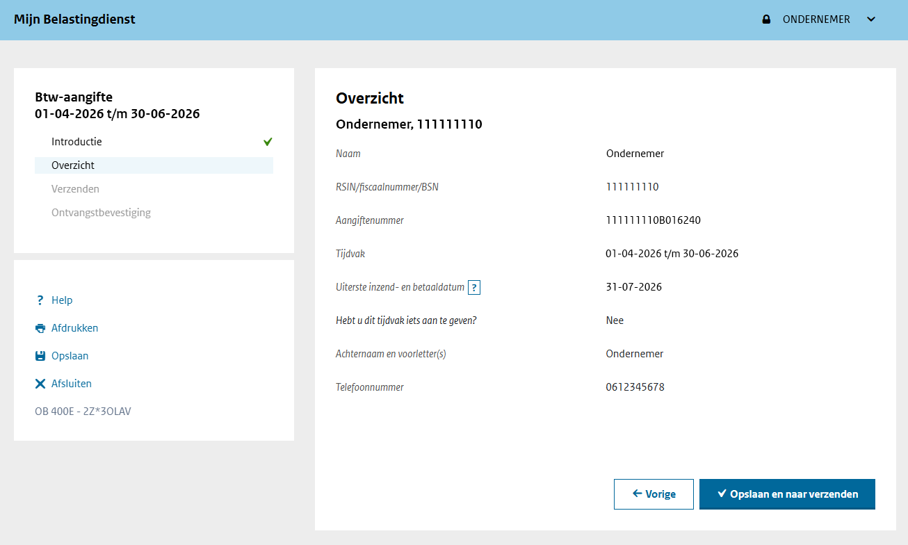 Schermafbeelding van het overzicht van de btw-aangifte in Mijn Belastingdienst