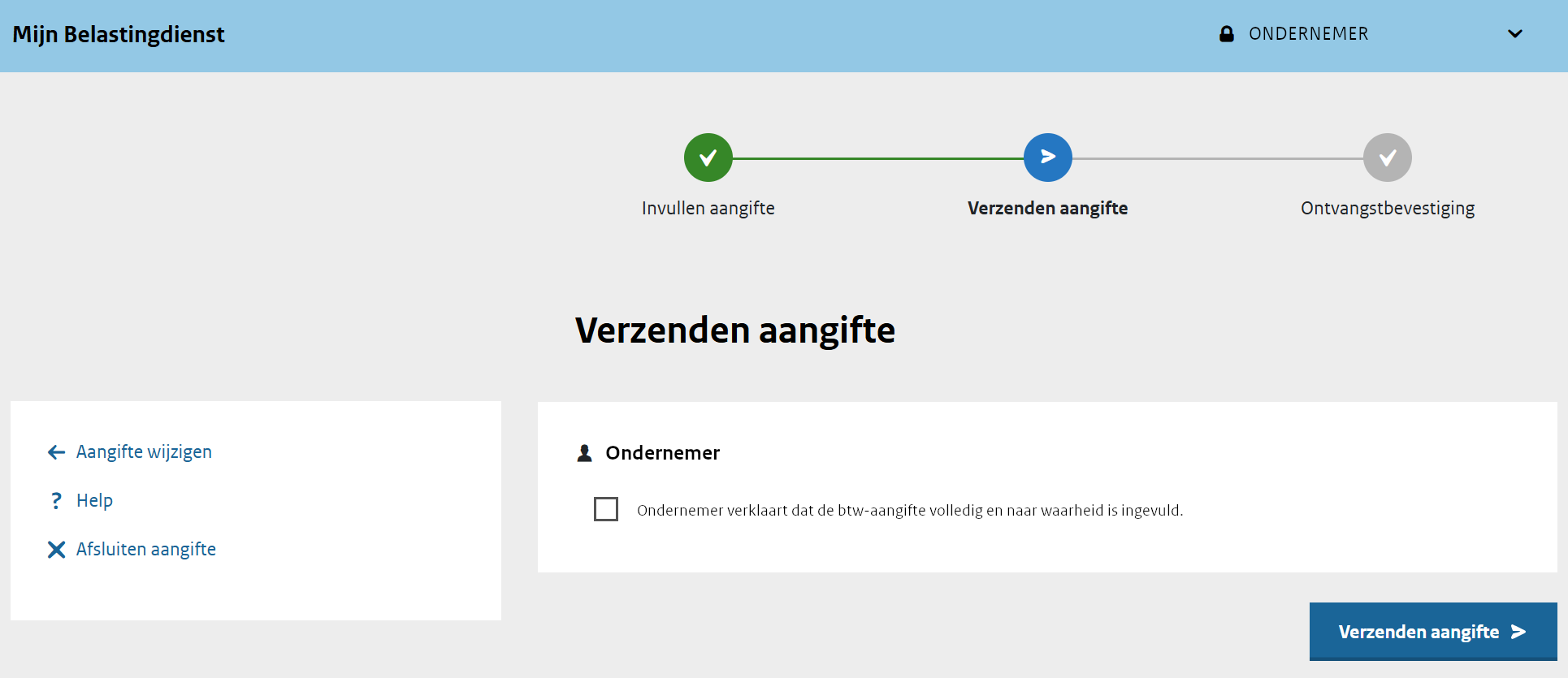 Scherm 'Verzenden aangifte' met de knop om de aangifte te versturen.
