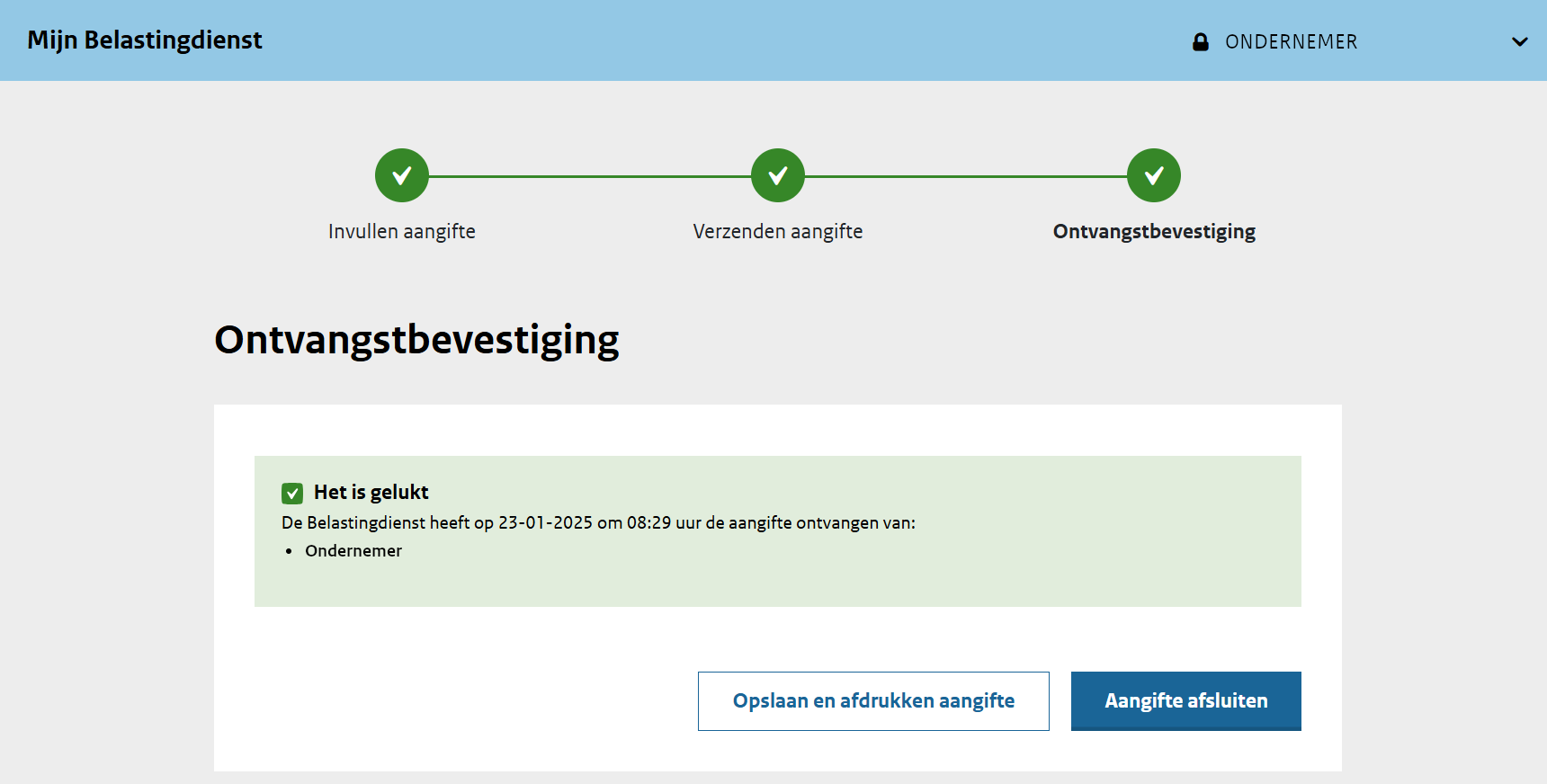 Scherm 'Ontvangstbevestiging'. Geeft melding dat aangifte is ontvangen.
