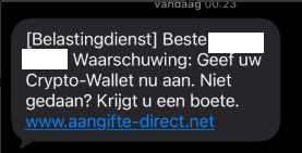 Voorbeeld valse sms over aangeven van een cryptowallet