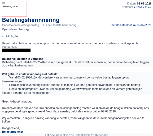 Afbeelding van een fishingmail van een betalingsherinnering voor een onbetaalde belastingaanslag