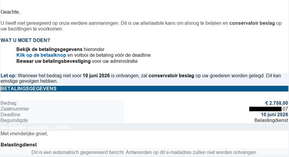Afbeelding van een e-mail over een betalingsherinnering van een aankondiging beslagprocedure