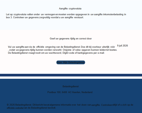 Voorbeeld van valse e-mail over het aangeven van cryptovaluta Voorbeeld van de valse e-mail over het aangeven van cryptovaluta