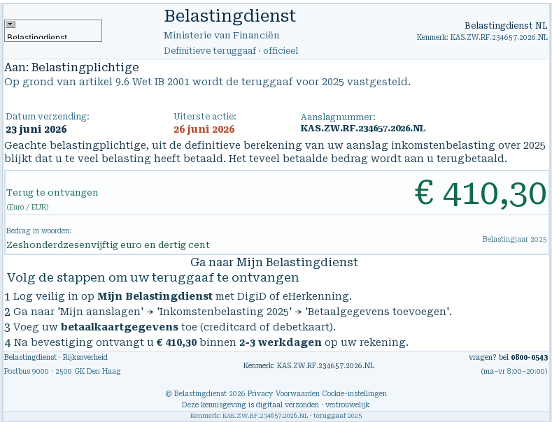 Afbeelding van een valse e-mail over een belastingteruggaaf van 2025 Afbeelding van een valse e-mail over een belastingteruggaaf van 2025