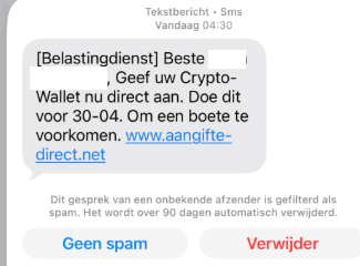Voorbeeld valse sms over aangeven van een cryptowallet